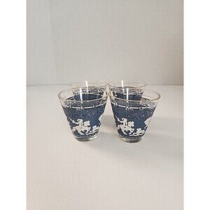 Set Of4 Jeannette? Wedgewood Blue Hellenic Horse Rider Lion Whiskey Shot Glasses
